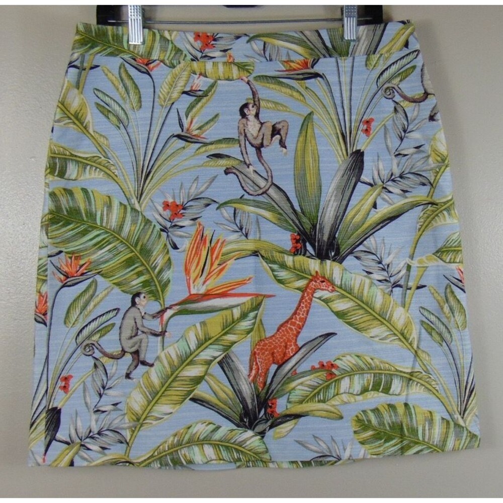 Nwt Ann Taylor Tropical Safari Pencil Skirt 12 Blue Lined Monkey Giraffe Jungle - Picture 1 of 11